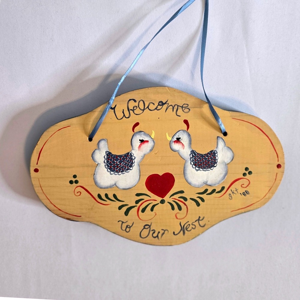 Vtg 1980s Hand Painted Wood Welcome To Our Nest Sign Folk Art Birds Heart Goose